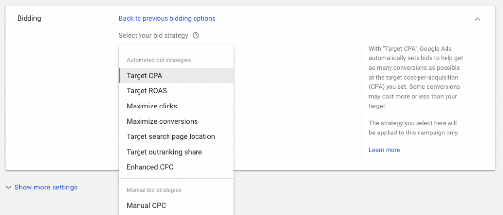 Bidding options screen - new google ads interface