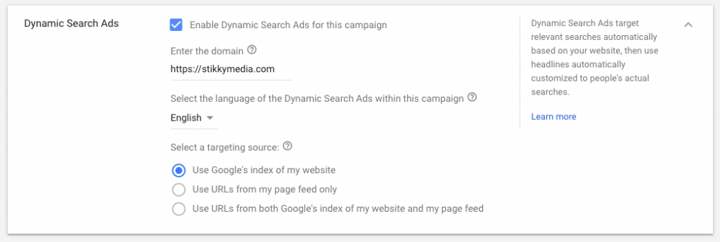 Enable Dynamic Search Ads