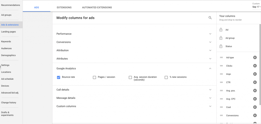 Sort bounce rate as column in Google Ads report